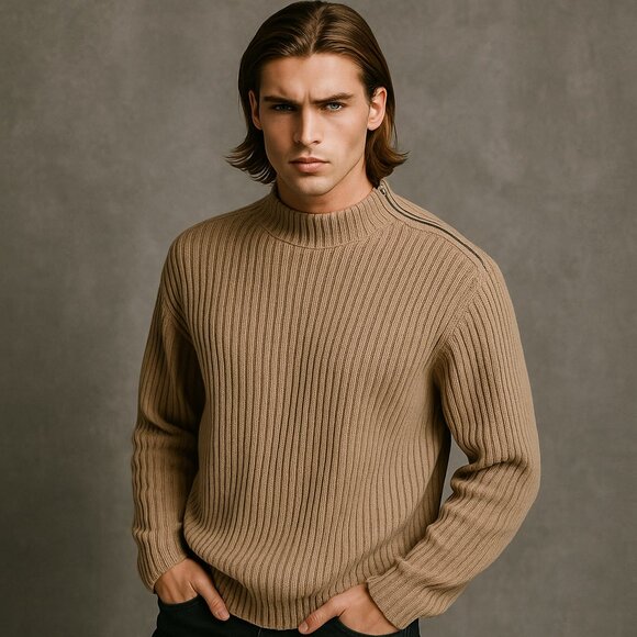 International Male M 90s Beige Ribbed Sweater Shoulder Zip Rare Vintage Preppy - Picture 1 of 7